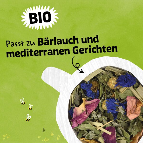 Organic label and text “Pairs well with wild garlic and Mediterranean dishes” with close-up of tea blend