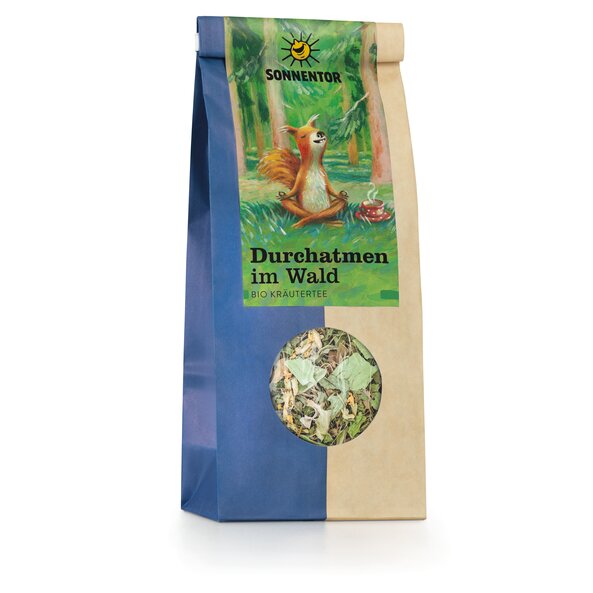On the package there is a meditating squirrel sitting in the forest and a steaming cup tea standing next to it.