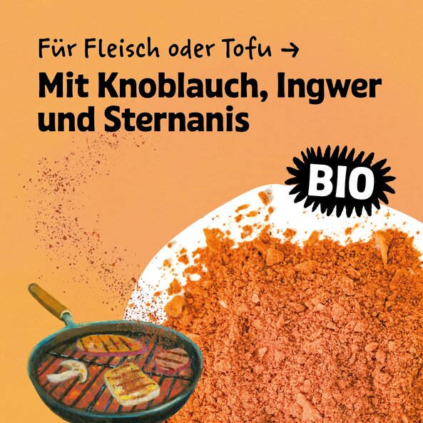 Illustration with Asian BBQ spice loose and the words: ‘For meat or tofu with garlic, ginger and star anise’ on a light orange background.