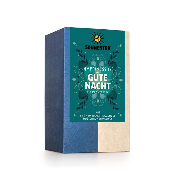 A pack of SONNENTOR Gute Nacht Tee Hapiness is® featuring a calm label in shades of green and natural tones, with floral patterns and the words ‘Gute Nacht’.