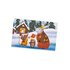 Shown is a gift card in christmas design. The card shows animals in winter clothing and in a winter landscape enjoying hot tea together.