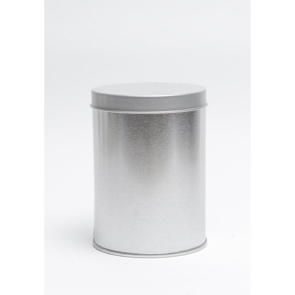 Pictured is a small round tea can.
