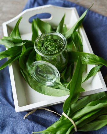 Auf dem Foto sieht man ein Gläschen mit Wildkräuterpesto zu sehen. Das Glas steht auf Bärlauchblättern. | © SONNENTOR