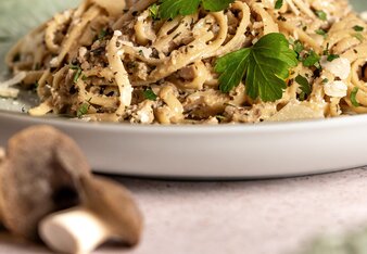 Die Spaghetti mit weißer Bolognese sind seitlich fotografiert auf einem Teller platziert, garniert mit Petersilienblättern. | © SONNENTOR